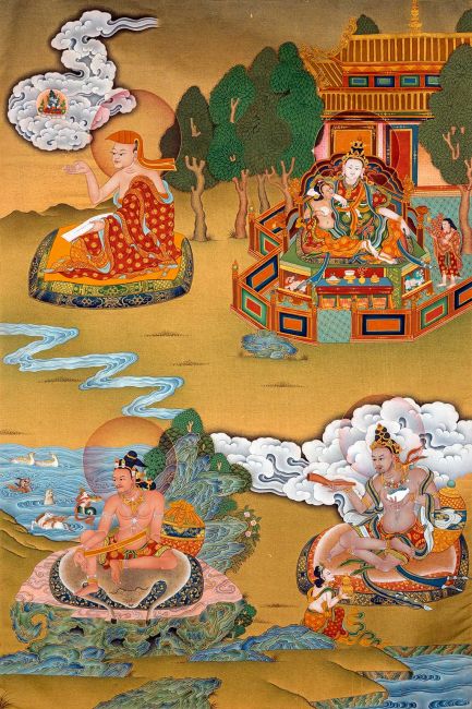 左上：達瑪巴尊者。左下：貝利巴尊者。右上：印札菩提尊者。右下：那諾巴尊者。