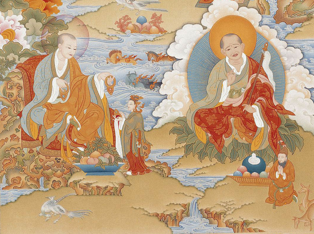 西藏羅漢唐卡，布局構圖、人物造形、山水烘托，都受到漢地羅漢畫影響。(典藏於噶瑪噶居寺)
