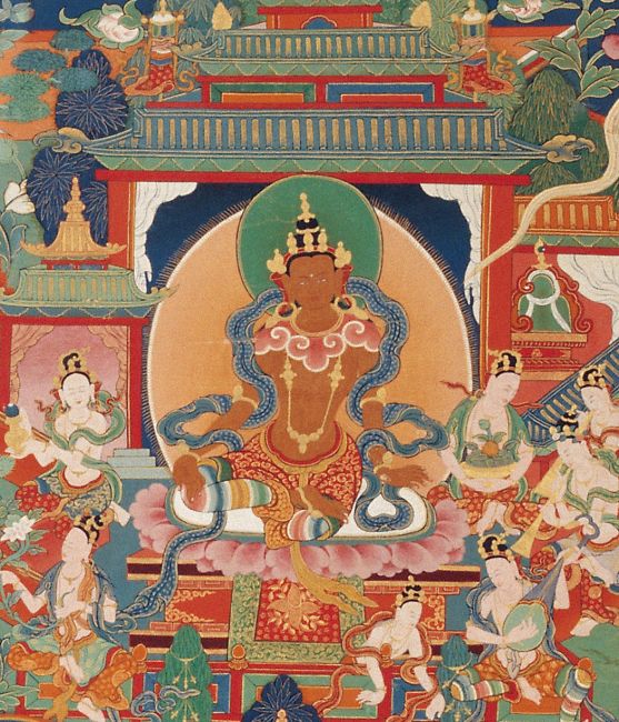 右上方宮殿的菩薩，由於沒有畫出「手徵」無法研判。